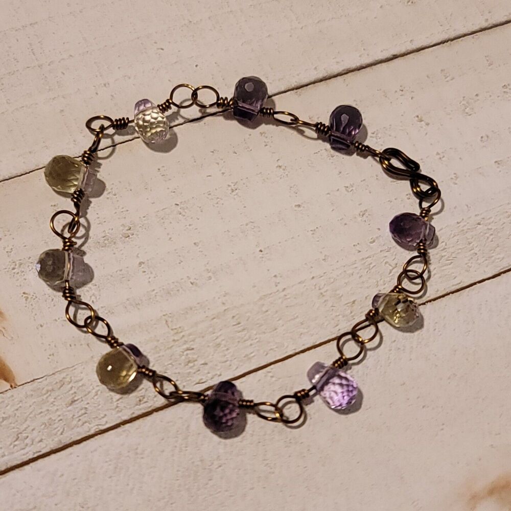 Handmade Rose Quartz Wire Wrapped Bracelet Copper Tone Healing Jewelry